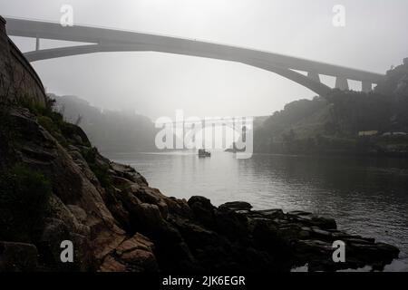 Traditionelles Boot am Douro-Fluss unter den berühmten Oporto-Brücken in nebliger Morgendämmerung Stockfoto