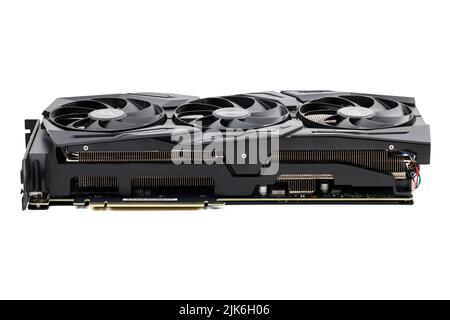 Große schwarze moderne Gaming-Grafikkarte auf weißem Hintergrund isoliert Stockfoto