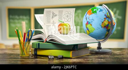 Zurück zu den Schulmaterialien. Bücher, Globus, Bleistifte auf einem Schreibtisch im Klassenzimmer. 3D Abbildung Stockfoto