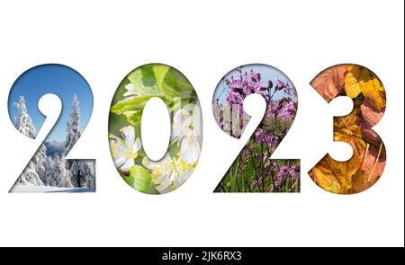 Nummer 2023 aus vier Jahreszeiten Fotos für Kalender, Flyer, Poster, Postkarte, Banner Stockfoto