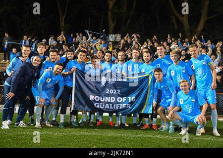 Der Sydney FC feiert den Sieg beim Australien Cup Rd of 32 Spiel zwischen dem Sydney FC und dem Central Coast Mariners FC am 31. Juli 2022 in Leichhardt Oval in Sydney, Australien. Stockfoto