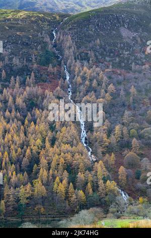 Bergbach, der nach einem Sturm im English Lake District, Cumbria, einen Berghang hinunter stürzt. Stockfoto