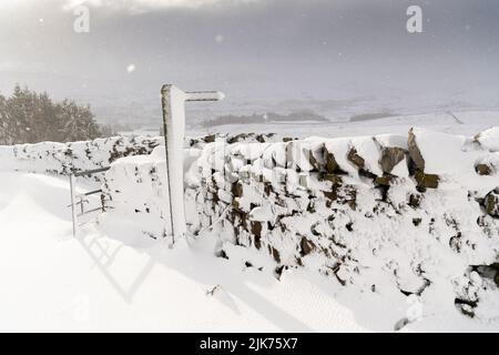 Trockenmauern und Wegweiser mit Schneeverwehungen bedeckt, Wensleydale, North Yorkshire, Großbritannien. Stockfoto