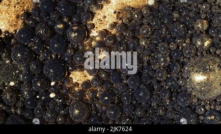 Draufsicht abstrakt von schwarzen Goldblasen in Farbe. Tinten, Kugeln, Öl. Formen. Detaillierter Hintergrund, schönes Design, Luftballons Textur. Stockfoto