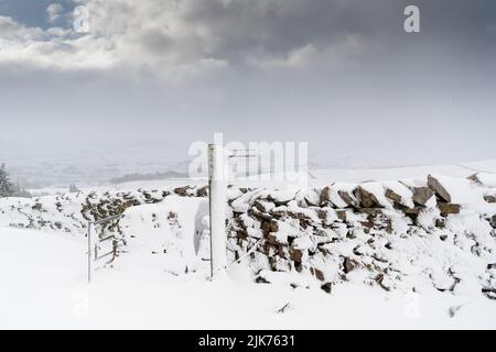 Trockenmauern und Wegweiser mit Schneeverwehungen bedeckt, Wensleydale, North Yorkshire, Großbritannien. Stockfoto