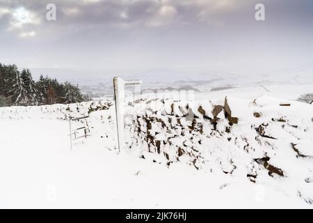 Trockenmauern und Wegweiser mit Schneeverwehungen bedeckt, Wensleydale, North Yorkshire, Großbritannien. Stockfoto