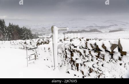 Trockenmauern und Wegweiser mit Schneeverwehungen bedeckt, Wensleydale, North Yorkshire, Großbritannien. Stockfoto