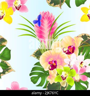 Nahtlose Textur tropische Blumen gelbe Orchidee Phalaenopsis und Cymbidium verschiedene Bouquet mit Tillandsia cyanea , Palm, Philodendron auf einem weißen Rücken Stockfoto