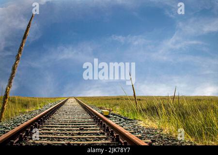 Verrostete alte Bahngleise, die durch die Prarie mit blauem Himmel zum Horizont führen Stockfoto