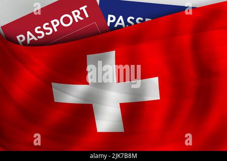 Schweizer Flagge Hintergrund und Pass der Schweiz. Staatsbürgerschaft, offizielle legale Einwanderung, Visum, Geschäfts- und Reisekonzept. Stockfoto