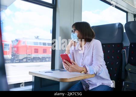 Frau Fahrgast in medizinischen Gesichtsmaske sitzt im Zug Stockfoto