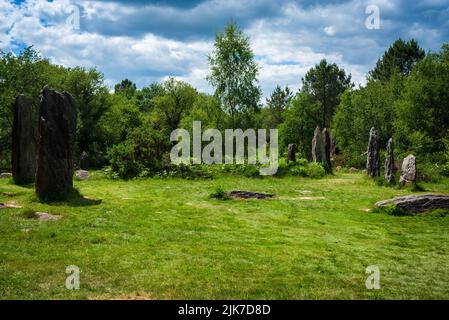 Die Lichtung im Wald von Monteneuf und seinen Menhiren Stockfoto