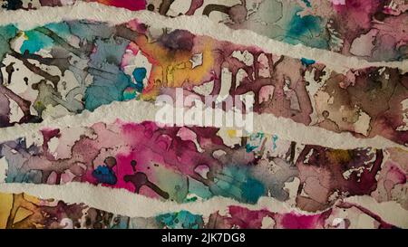 Illustration mit flüssigem Aquarell verschiedener Farben auf zerrissenem Papier, das eine einheitliche und organische Textur erzeugt, die sich perfekt für Hintergründe und Grafikdesign eignet Stockfoto