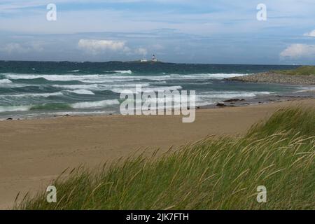 Sandstrand, Rattangras und Leuchtturm in der Nähe von Stavanger Norwegen. Beliebt beim Surfen. (Boresanden Strand und Feistein Fyr Leuchtturm) Stockfoto