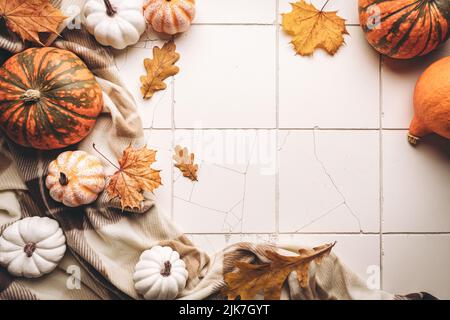 Kuschelige Herbstflachlage mit Kürbissen, Karli und Herbstblättern auf Fliesenhintergrund. Einrichtung im Herbst. Gemütliche Herbststimmung. Erntedankfest. Halloween. Stockfoto