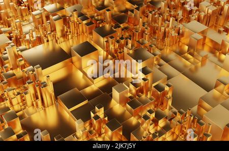 Quadratisches Gold Farbe abstrakter Hintergrund. Verschiedene Größen Würfel Gold Metallic-Muster. 3D Darstellung rendern Stockfoto