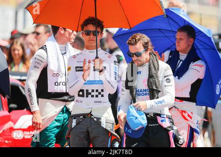 #4 Lando Norris (GBR, McLaren F1 Team), #14 Fernando Alonso (ESP, BWT Alpine F1 Team), F1 Grand Prix von Frankreich auf dem Circuit Paul Ricard am 24. Juli 2022 in Le Castellet, Frankreich. (Foto mit ZWEI HOHEN Bildern) Stockfoto