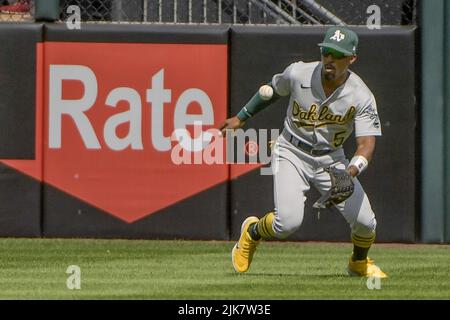 Chicago, Usa. 31.. Juli 2022. Der Oakland Athletics-Linksfeldspieler Tony Kemp (5) bockelt am Sonntag, den 31. Juli 2022, im siebten Inning gegen das Chicago White Sox at Guaranteed Rate Field in Chicago, IL, den Ball. Foto von Mark Black/UPI Credit: UPI/Alamy Live News Stockfoto