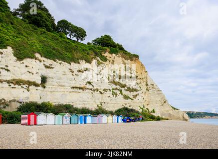 Strandhütten am Fuße der Kreidefelsen bei Beer, einem kleinen Küstendorf an der Lyme Bay in der Jurassic Coast of East Dorset, Südwestengland Stockfoto