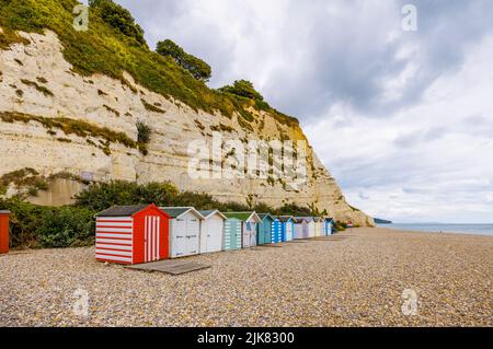 Eine Reihe von Strandhütten am Fuße der Kreidefelsen bei Beer, einem kleinen Küstendorf an der Lyme Bay an der Jurassic Coast of East Dorset, Südwestengland Stockfoto