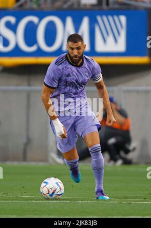 30. Juli 2022 Real Madrid Stürmer Karim Benzema während der internationalen Freundschaftssitzung zwischen Real Madrid und Juventus beim Rose Bowl in Pasadena, CA. Obligatorischer Bildnachweis: Charles Baus/CSM. Stockfoto