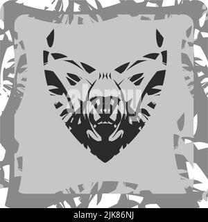 Bär-Symbol in Herzform auf Grau für Stoffprodukte oder Embleme. Head Grizzly Brown Bear im Tribal-Stil für Logos, Labels, Modetrends und Web-Icons Stockfoto