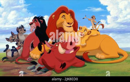 Ed, Shenzi, Banzai, Scar, Mafusa, Simba, Timon & Pumbaa Film: Der König der Löwen (USA 1994) Charaktere: ,,,Scar,,, & Regie: Roger Allers & Rob Minkoff 06 May 1994 **WARNUNG** Dieses Foto ist nur für den redaktionellen Gebrauch bestimmt und unterliegt dem Copyright von WALT DISNEY BILDERN und/oder dem Fotografen, der von der Film- oder Produktionsfirma beauftragt wurde und darf nur durch Publikationen im Zusammenhang mit der Bewerbung des oben genannten Films reproduziert werden. Eine obligatorische Gutschrift für BILDER VON WALT DISNEY ist erforderlich. Der Fotograf sollte auch bei Bekanntwerden des Fotos gutgeschrieben werden. Ohne schriftliche Genehmigung von t kann keine kommerzielle Nutzung gewährt werden Stockfoto