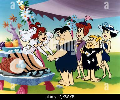 Pebbles, Fred Flintstone, Wilma, Barney Rubble & Betty Television: I Yabba-Dabba Do!; The Flintstones (TV-Film) USA 1993, Regie: William Hanna 07 February 1993 **WARNUNG** Dieses Foto ist nur für redaktionelle Verwendung bestimmt und unterliegt dem Copyright von HANNA-BARBERA PRODUKTIONEN und/oder dem Fotografen, der von der Film- oder Produktionsfirma beauftragt wurde und kann nur durch Publikationen im Zusammenhang mit der Bewerbung des oben genannten Films reproduziert werden. Eine obligatorische Gutschrift für HANNA-BARBERA-PRODUKTIONEN ist erforderlich. Der Fotograf sollte auch bei Bekanntwerden des Fotos gutgeschrieben werden. Ohne schriftliche aut kann keine kommerzielle Nutzung gewährt werden Stockfoto