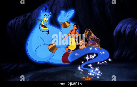 The Genie, Aladdin & Abu Film: Aladdin (USA 1992) Charaktere: GENIE, & Regie: Ron Clements & John Musker 08 November 1992 **WARNUNG** Dieses Foto ist nur für redaktionelle Zwecke bestimmt und unterliegt dem Copyright von WALT DISNEY BILDERN und/oder dem Fotografen, der von der Film- oder Produktionsfirma beauftragt wurde und darf nur durch Publikationen im Zusammenhang mit der Bewerbung des oben genannten Films reproduziert werden. Eine obligatorische Gutschrift für BILDER VON WALT DISNEY ist erforderlich. Der Fotograf sollte auch bei Bekanntwerden des Fotos gutgeschrieben werden. Ohne schriftliche Genehmigung der Film Company kann keine kommerzielle Nutzung gewährt werden. Stockfoto