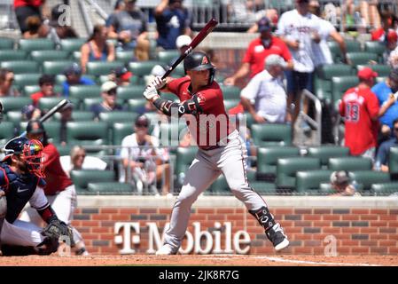 Atlanta, GA, USA. 31.. Juli 2022. Arizona Diamondbacks Infielder Christian Walker bei der Fledermaus während der siebten Inning eines MLB-Spiels gegen die Atlanta Braves im Truist Park in Atlanta, GA. Austin McAfee/CSM/Alamy Live News Stockfoto