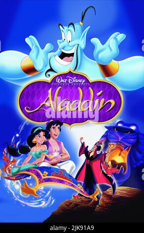 Abu, Prinzessin Jasmine, Alladin, The Genie & Jafar Film Poster Film: Aladdin (USA 1992) Regie: Ron Clements & John Musker 08 November 1992 **WARNUNG** Dieses Foto ist nur für redaktionelle Zwecke bestimmt und unterliegt dem Copyright von WALT DISNEY BILDERN und/oder dem Fotografen, der von der Film- oder Produktionsfirma beauftragt wurde und darf nur durch Publikationen im Zusammenhang mit der Bewerbung des oben genannten Films reproduziert werden. Eine obligatorische Gutschrift für BILDER VON WALT DISNEY ist erforderlich. Der Fotograf sollte auch bei Bekanntwerden des Fotos gutgeschrieben werden. Ohne schriftliche Genehmigung der Film Company kann keine kommerzielle Nutzung gewährt werden. Stockfoto