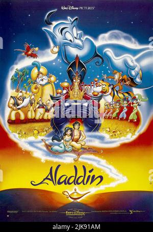 Iago, Der Genie, Der Sultan, Jafar, Rajah, Abu, Princess Jasmine & Aladdin Film Poster Film: Aladdin (USA 1992) Regie: Ron Clements & John Musker 08 November 1992 **WARNUNG** Dieses Foto ist nur für redaktionelle Zwecke bestimmt und unterliegt dem Copyright von WALT DISNEY BILDERN und/oder dem Fotografen, der von der Film- oder Produktionsfirma beauftragt wurde und darf nur durch Publikationen im Zusammenhang mit der Bewerbung des oben genannten Films reproduziert werden. Eine obligatorische Gutschrift für BILDER VON WALT DISNEY ist erforderlich. Der Fotograf sollte auch bei Bekanntwerden des Fotos gutgeschrieben werden. Ohne schriftliche Genehmigung kann keine kommerzielle Nutzung gewährt werden Stockfoto