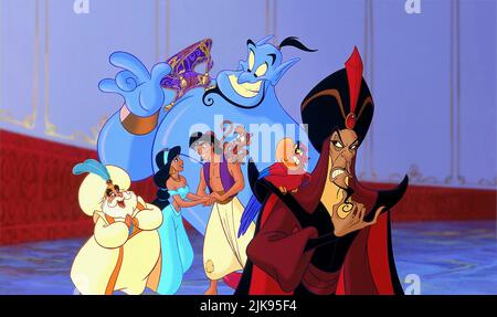 Der Sultan, Prinzessin Jasmine, Aladdin, Abu, Der Genie, Iago & Jafar Film: Aladdin (USA 1992) Charaktere: ,Prinzessin Jasmine,,Genie, & Regie: Ron Clements & John Musker 08 November 1992 **WARNUNG** Dieses Foto ist nur für redaktionelle Zwecke bestimmt und unterliegt dem Copyright von WALT DISNEY BILDERN und/oder dem Fotografen, der von der Film- oder Produktionsfirma beauftragt wurde und darf nur durch Publikationen im Zusammenhang mit der Bewerbung des oben genannten Films reproduziert werden. Eine obligatorische Gutschrift für BILDER VON WALT DISNEY ist erforderlich. Der Fotograf sollte auch bei Bekanntwerden des Fotos gutgeschrieben werden. Eine kommerzielle Nutzung kann ohne diese nicht gewährt werden Stockfoto