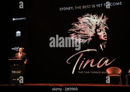 Sydney, Australien. 1.. August 2022. Die Medien wurden zu einer Sonderankündigung im Theatre Royal eingeladen, wo bekannt wurde, dass Tina – The Tina Turner Musical im Mai 2023 nach Sydney kommt. Im Bild: Minister Stuart Ayres. Kredit: Richard Milnes/Alamy Live Nachrichten Stockfoto