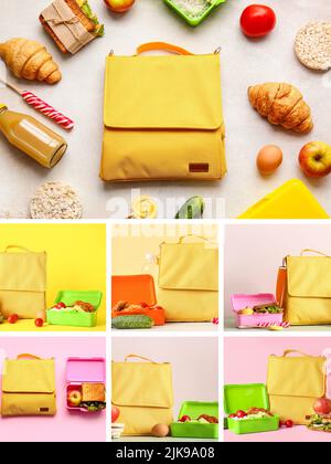 Collage mit Thermosäcken und verschiedenen Lunchboxen Stockfoto