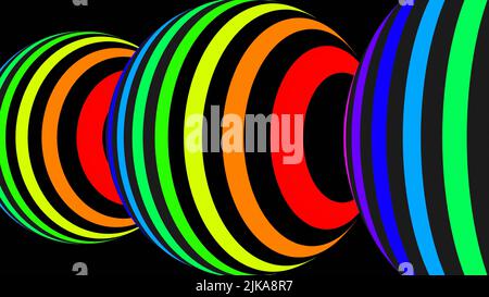 3D Renderings. Muster von Kugeln, die durch farbige Linien gebildet werden. Kugeln auf schwarzem Hintergrund. Designmuster mit Linien in Regenbogenfarben. 3D Kugeln wi Stockfoto