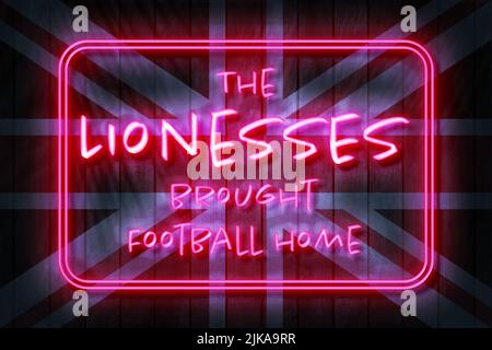 Lionesses brachte es nach Hause 3D Illustration auf einem Union Jack Hintergrund. Stockfoto