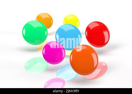 Bunte Süßigkeiten 3D Rendern auf weißem Hintergrund mit Reflexionen. Stockfoto