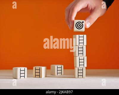 Geschäftsziele, Zielerreichung, Erfolg oder Zielsetzungs-Konzepte. Initiierung für die Planung, um das Ziel zu erreichen. Hand legt den Holzwürfel mit t Stockfoto
