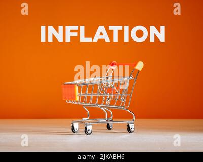 Leerer Warenkorb mit dem Wort Inflation auf orangefarbenem Hintergrund. Konzept der Verbraucherinflation. Stockfoto