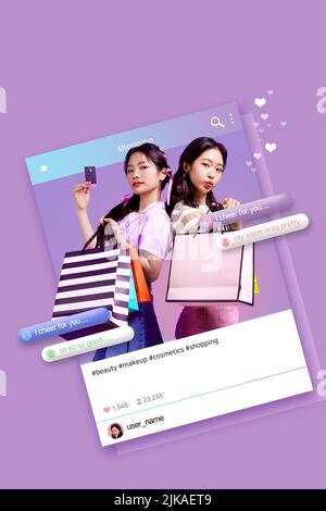 Koreanische asiatische junge Mädchen tun Schönheit und Shopping Live-Commerce-Show in Social Media Frame Influencer Konzept Stockfoto