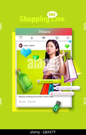 Koreanische asiatische junge Mädchen tun Schönheit und Shopping Live-Commerce-Show in Social Media Frame Influencer Konzept Stockfoto