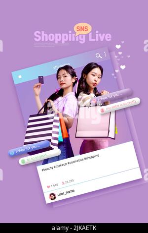 Koreanische asiatische junge Mädchen tun Schönheit und Shopping Live-Commerce-Show in Social Media Frame Influencer Konzept Stockfoto