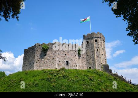 Außenansicht des alten Steinmetzes auf einem Hügel. In Cardiff Castle in Cardiff, Wales, Großbritannien. Stockfoto