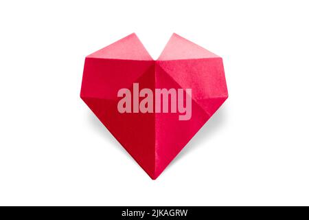 Rotes Papier Herz Origami isoliert auf einem weißen Hintergrund. Valentinskarte Stockfoto