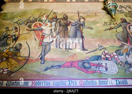 Detail einer der großen Wandmalereien, die eine gewalttätige Kampfszene mit Bogenschützen, Toten und Kettenpost darstellen. Am Cardiff Castle in Cardiff, Wales, U Stockfoto