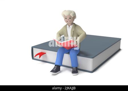 Lesekonzept. Mann, der ein Buch hält und auf einem großen Buch sitzt - 3D Illustration Stockfoto