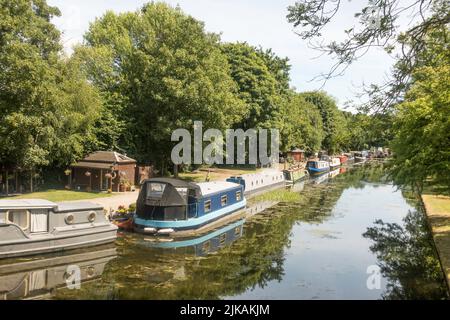 Kanalboote liegen in der Aire Valley Marina vor dem Leeds Liverpool Kanal in Leeds, Yorkshire, England, Großbritannien Stockfoto