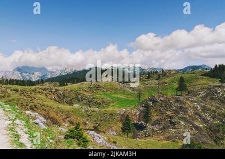 Großes Weideplateau in den Kamnikalpen, Slowenien. Berghütte oder Haus auf grünem Hügel. Alpine Wiesenlandschaft. Ökologischer Landbau. Stockfoto