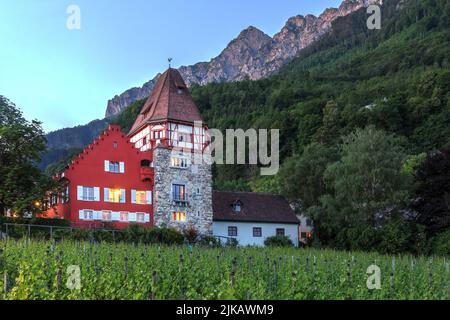 Historisches Haus in Mitteldorf bei Vaduz, Liechtenstein, das in der Dämmerung über einem Weinanbaugebiet thront. Stockfoto